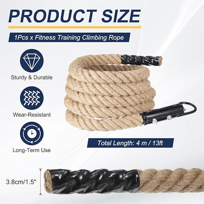 MECCANIXITY Climbing Rope 13ft x 1.5", Gym Climbing Rope Thick Twine Ropes Jute Natural Brown Burlap Cord String Heavy Twisted for Workout Rock Exercise Indoor Outdoor Fitness Training