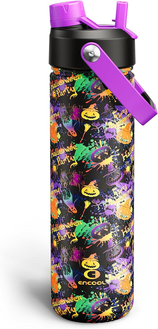 Halloween Insulated Water Bottle with Straw, Stainless Steel Water Bottle, Leak Proof BPA-Free, Keeps Cold for 24 Hours for Sports, Skull Spooky Holiday Gifts (26 oz, Ghost Party)
