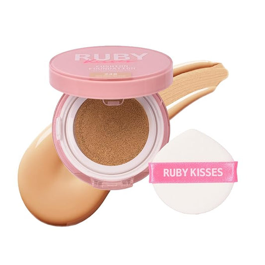 Ruby Kisses Cushion Foundation, Full Coverage Korean Makeup, Lightweight & Long Lasting, All Day Natural Glowy Finish for All Skin Types with Hyaluronic Acid & Bakuchiol (Golden Beige, 0.52 Ounce)