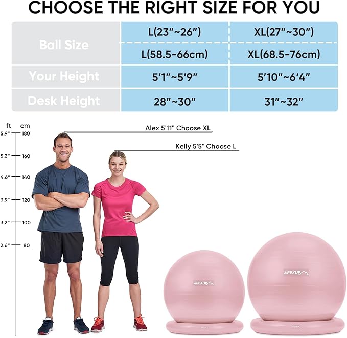 APEXUP Yoga Ball Chair, Exercise Ball Chair with Base for Office, Anti Slip Stability Ball Fitness Ball Seat, Home Gym Workout Ball, Balance Ball with Pump (Pink, L)