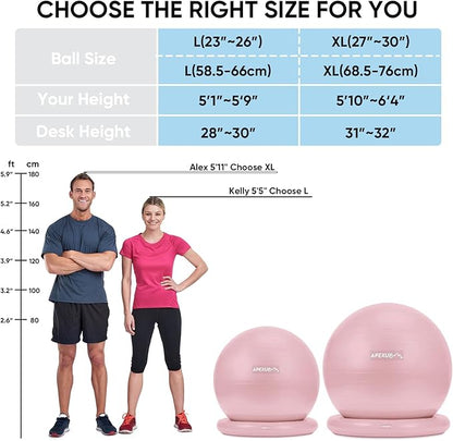 APEXUP Yoga Ball Chair, Exercise Ball Chair with Base for Office, Anti Slip Stability Ball Fitness Ball Seat, Home Gym Workout Ball, Balance Ball with Pump (Pink, L)