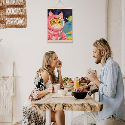 Pink Astronaut Cat Wall Art Poster Framed, Cat Poster for Girls Kids Room Nursery Decor, Whimsical Outer Space Cute Kitten Canvas Wall Art Prints, 12x16 Inches