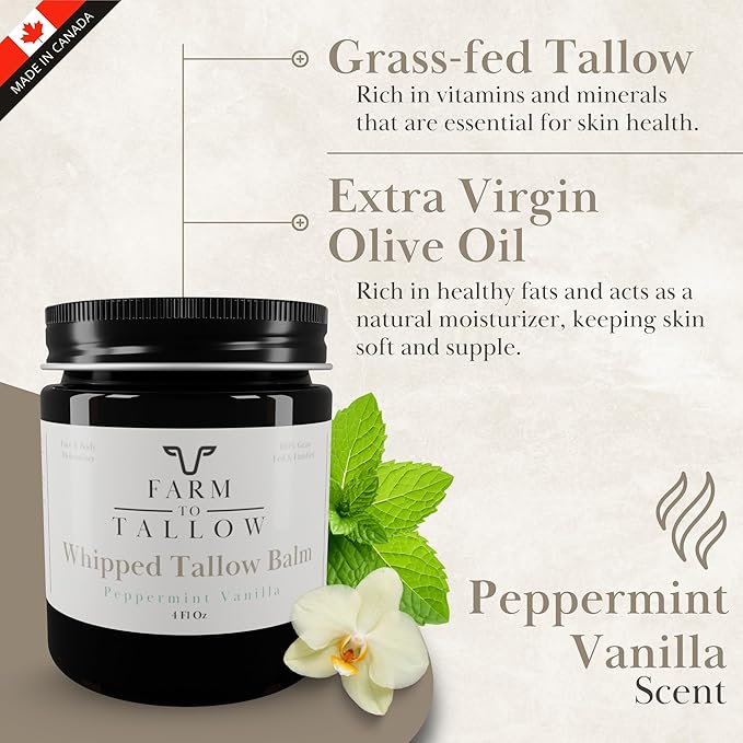 FARM TO TALLOW 100% Grass-Fed Beef Tallow for Skin, Face & Body – Peppermint Vanilla Moisturizer Made with Olive Oil – Gentle & Hydrating Natural Skincare Cream for Dry, Sensitive Skin – 4 Oz