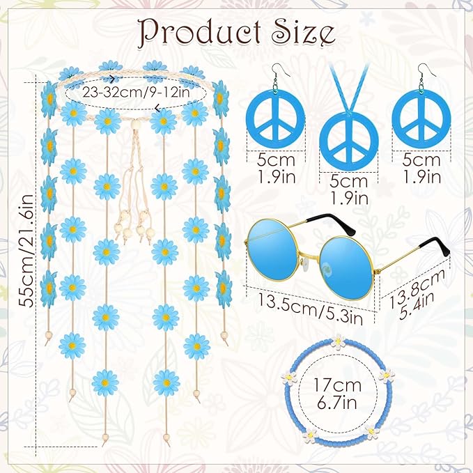 6 Pcs Hippie Costume Accessories Set, Flower Hippie Headband Boho Peace Sign Necklace Earrings Sunglasses Bracelet