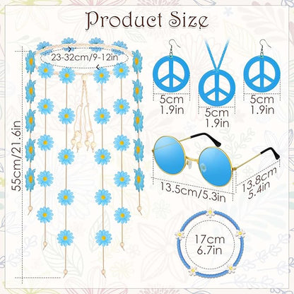 6 Pcs Hippie Costume Accessories Set, Flower Hippie Headband Boho Peace Sign Necklace Earrings Sunglasses Bracelet