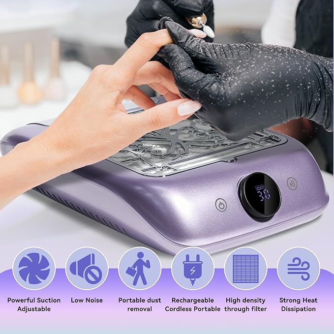 Rechargeable Nail Dust Collector with LED Display - Adjustable Speed, Professional Powerful Suction Vacuum Fan Dust Cleaner with Reusable Filter for Acrylic Nails Polishing Manicure Salon Home Purple