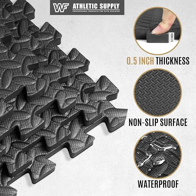 WF Athletic Supply Puzzle Exercise Mat, EVA Foam Interlocking Tiles with Border, 1/2" Thickness Interlocking Soft Foam Puzzle Play Mats for Home Gym, Garage & Kids’ Playroom