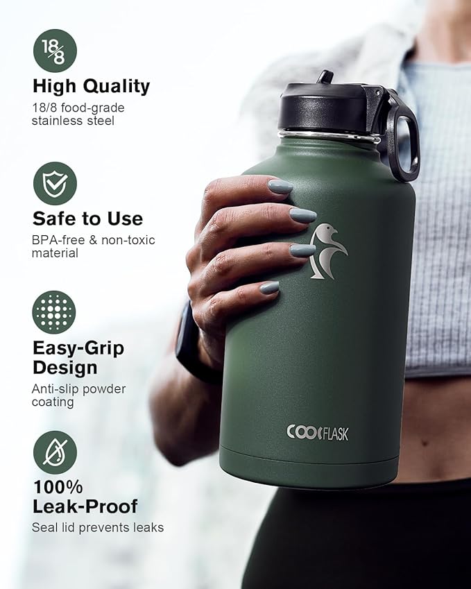 Half Gallon Water Bottle Insulated with Straw & 3 Lids, Coolflask 64 oz Water Jug Large Metal Stainless Steel Wide Mouth for Sports, Gym or Office, Non-BPA Keep Cold 48H Hot 24H, Dark Green