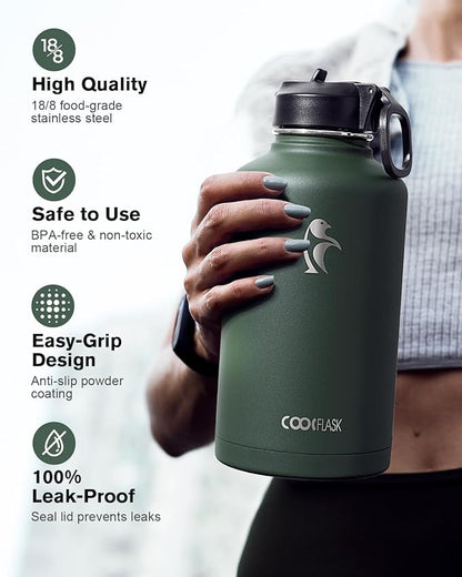 Half Gallon Water Bottle Insulated with Straw & 3 Lids, Coolflask 64 oz Water Jug Large Metal Stainless Steel Wide Mouth for Sports, Gym or Office, Non-BPA Keep Cold 48H Hot 24H, Dark Green