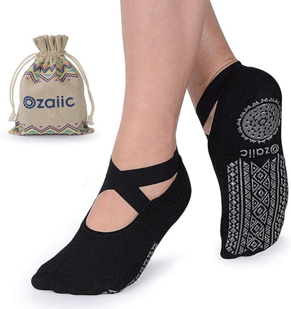 Ozaiic Yoga Socks for Women Non-Slip Grips & Straps, Ideal for Pilates, Pure Barre, Ballet, Dance, Barefoot Workout