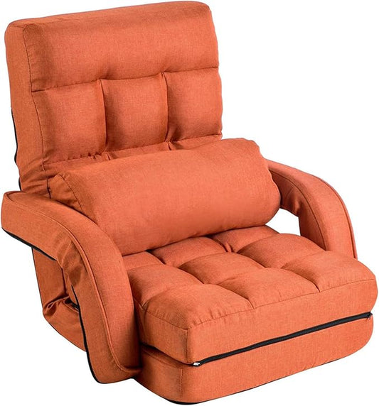 FLOGUOR 14-Position Adjustable Floor Chair, Chaise Lounge Indoor, Folding Lazy Sofa with Armrests and a Pillow Padded Adults Gaming Chairs for Living Room, Bedroom Factory Price,8803 (Orange)