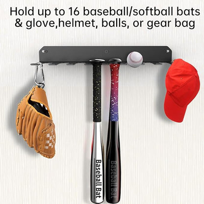 Wall Mount Baseball Bat Rack, Hold 16 Bats, Home Gym Sports Equipment Organizer Hanger, Olympic Barbells Holder, Heavy Duty Hooks for Hangs Bats,Gloves,Hats,Bags,Balls,Row Handles or Tools, Black