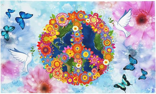 Love Peace Flower Flag 3x5 Ft Outdoor Indoor World Peace Flags Garden Yard Banner Outside Decorative Sign