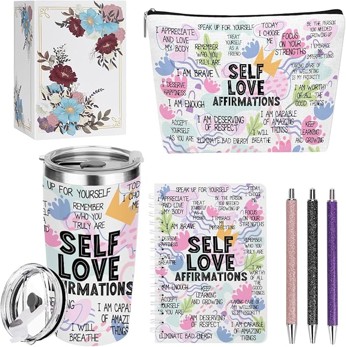 jeilink Positive Affirmations Self Love Mental Health Gifts Inspirational Gifts for Women Wife Sister Grandma Birthday Appreciation Anniversary, 20oz Tumbler Makeup Bag Ballpoint Pen Notebook 6PCS