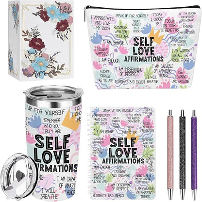 jeilink Positive Affirmations Self Love Mental Health Gifts Inspirational Gifts for Women Wife Sister Grandma Birthday Appreciation Anniversary, 20oz Tumbler Makeup Bag Ballpoint Pen Notebook 6PCS