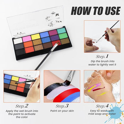 Face Painting Kit Non-toxic Body Paint Washable 18 Colors Facepaint Makeup Kit for Adults with 10 Face Paint Brushes for Halloween Party Cosplay Makeup (Color 001)