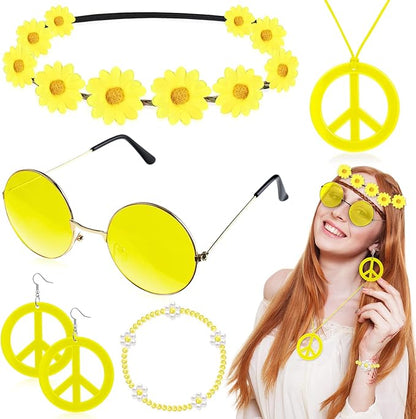 Batiyeer 6 Pcs Hippie Costume Accessories Set, Boho Peace Sign Daisy Flower 60s 70s Party Favors Decor for Groovy Party Women
