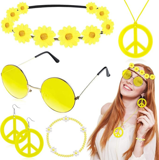 Batiyeer 6 Pcs Hippie Costume Accessories Set, Boho Peace Sign Daisy Flower 60s 70s Party Favors Decor for Groovy Party Women