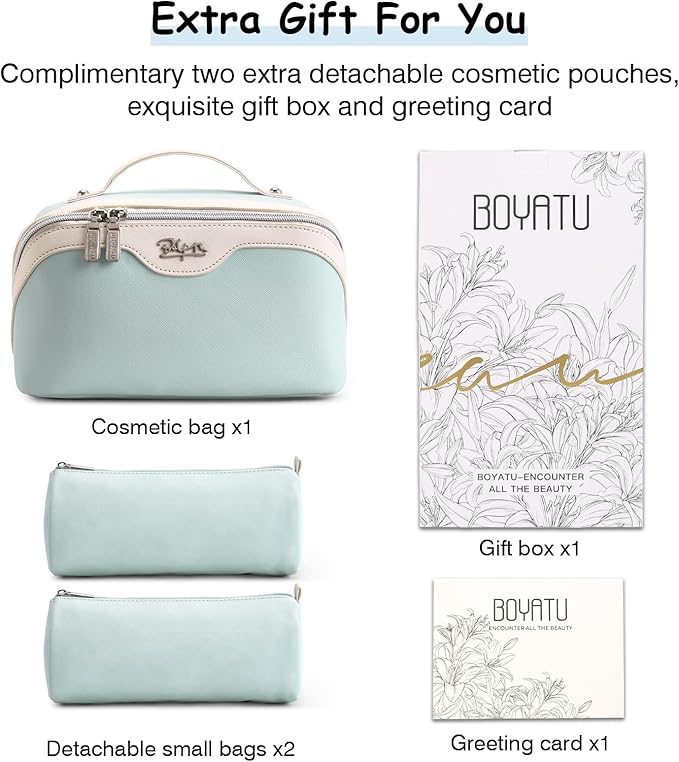 BOYATU Travel Makeup Bag Organizer Cosmetic Bag: 3 Pcs Set Make up Bags for Women with Handle - Waterproof Vegan Leather Toiletry Bags Travel Essentials Pouch with Compartments (G-03-Blue)