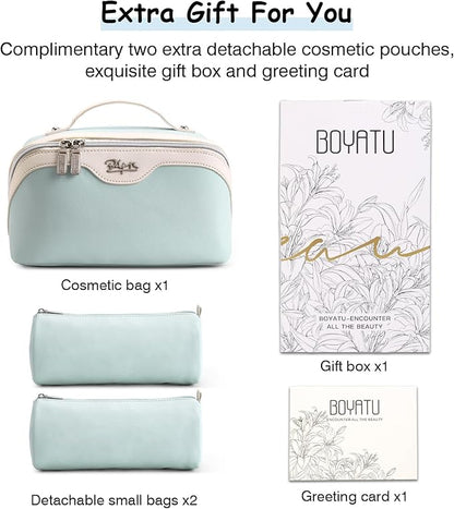 BOYATU Travel Makeup Bag Organizer Cosmetic Bag: 3 Pcs Set Make up Bags for Women with Handle - Waterproof Vegan Leather Toiletry Bags Travel Essentials Pouch with Compartments (G-03-Blue)