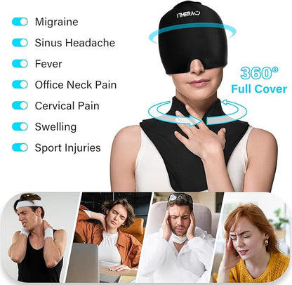 I-THERA-U Migraine Relief Cap & Neck Ice Pack Wrap Gel Combo, 2Pcs-Set Reusable Headache Hat Ice Pack Mask, Cervical Cold Compress Head Wrap for Tension, Cooling, Pain Relieve