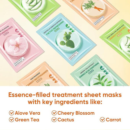 Sheets Face Masks Skincare for All Skin Types, Hydrating Facial Sheets Mask for Firming, Sheet Mask with Cherry Blossom Cactus Aloe Vera Facial Sheet For Moisturizing, Soothing, Face Mask for Women