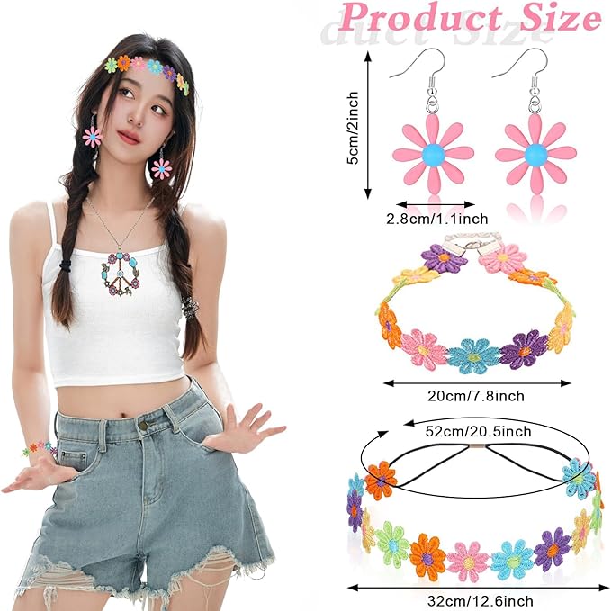 5 Pcs Hippie Costume Accessories Set Women, 60s 70s Party Dressing Accessory Peace Sign Necklace Party Decorations for Party