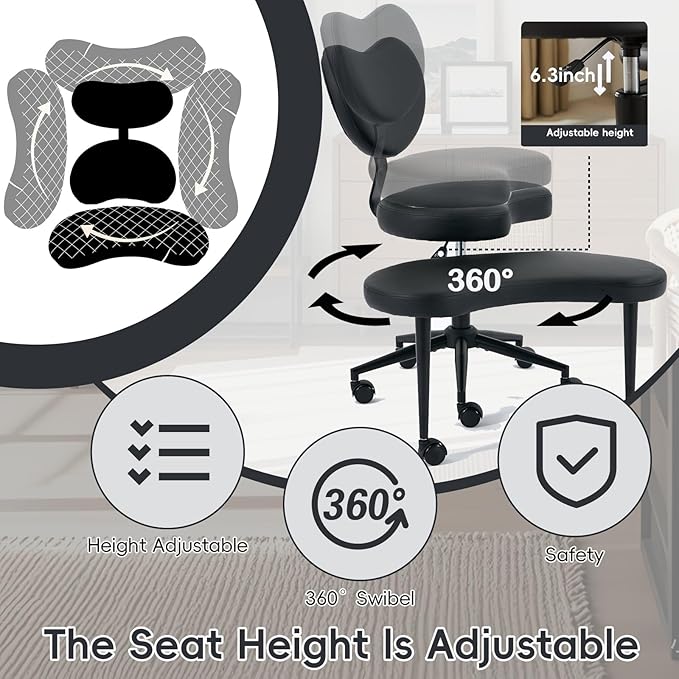 Meditation Chair with Wheels, Ergonomic Criss Cross Chair, Adjustable ADHD Floor Sitting Chair, Swivel Cross Legged Office Chair with High Back, Kneeling Posture Chair, Pu Leathe,Black