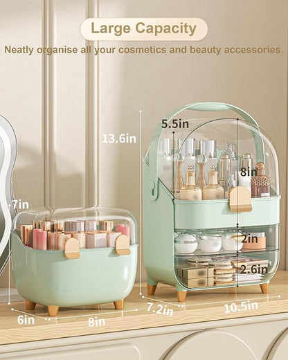 Makeup Organizer with Lipstick Holder, Skincare Organizers Storage Box Cosmetic Display Cases, Teen Girl Gifts Make up Organizers for Vanity, Dresser, Countertop, Bathroom(Green)