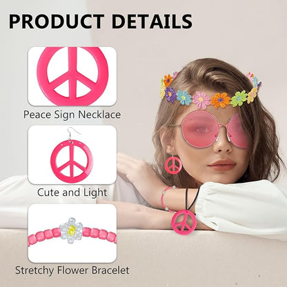 Hippie Costume Accessories Set Peace Sign Necklace Sunglasses Flower Headband Earrings for 60s 70s Outfit Party Women
