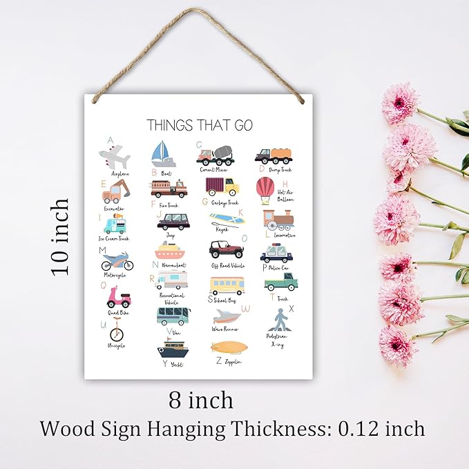 Transportation Alphabet Educational Gift for Girl Boy Daughter Son Teacher Gift Hanging Plaque With Rope Home Wall Decor Sign for Nursery Bedroom Playroom Classroom School -37
