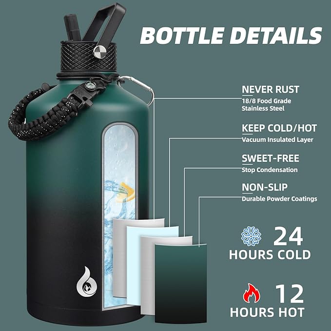 BJPKPK 1 Gallon Water Bottle with Straw Lid, 50oz, 64oz, 87oz, 128oz Large, Stainless Steel Water Bottles with 3 Lids and Paracord Handle, Double Wall Vacuum Metal Water Jug, Army Green & Black