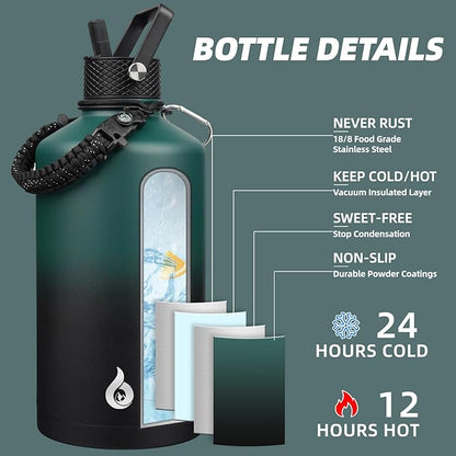 BJPKPK 1 Gallon Water Bottle with Straw Lid, 50oz, 64oz, 87oz, 128oz Large, Stainless Steel Water Bottles with 3 Lids and Paracord Handle, Double Wall Vacuum Metal Water Jug, Army Green & Black