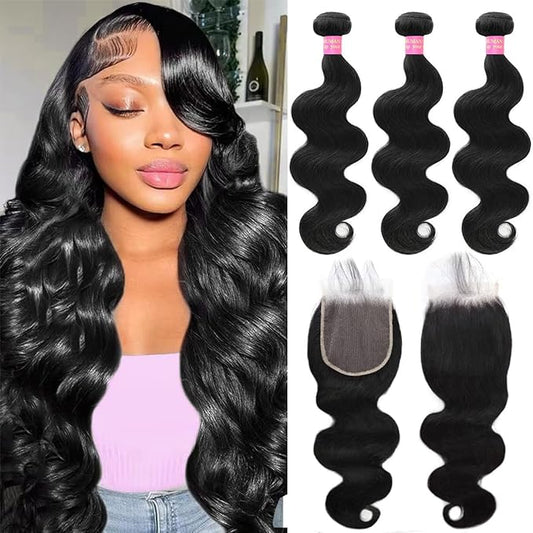 12A Body Wave 3 Bundles With 5x5 Closure (18 20 22 +16 Inch) Body Wave Bundles with Closure Human Hair 100% Unprocessed Brazilian Virgin Quick Weave Bundles Human Hair Natural Black