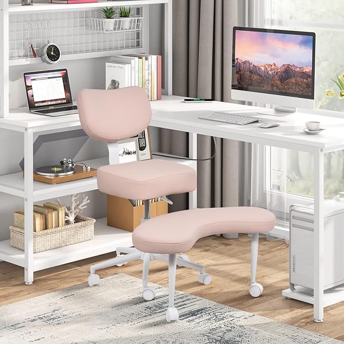 Meditation Chair, Cross Legged ADHD Office Chair for Adults with Wheels Ergonomic Back Support and Leg Rest for Multi Position Criss Cross Sitting Kneeling and Yoga Height Adjustable, Leather Style