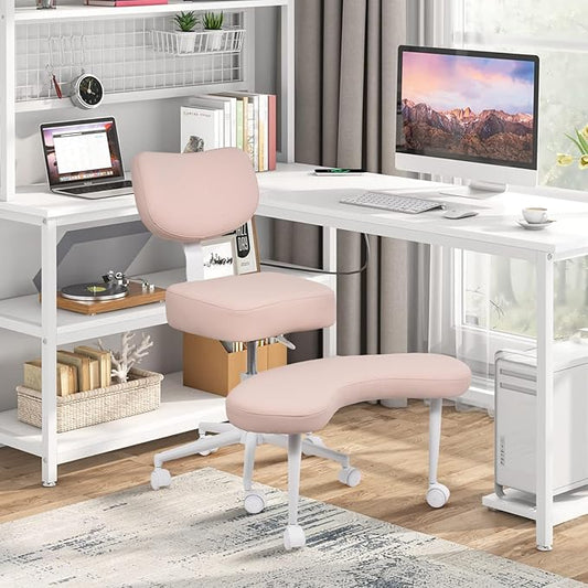 Meditation Chair, Cross Legged ADHD Office Chair for Adults with Wheels Ergonomic Back Support and Leg Rest for Multi Position Criss Cross Sitting Kneeling and Yoga Height Adjustable, Leather Style