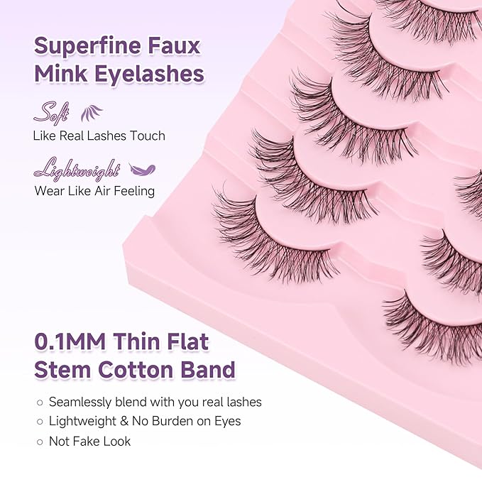 Natural Cat Eye Lashes, 13mm Wispy, Thin Memory Band, Volume, Soft Strip Lashes, Pack of 7