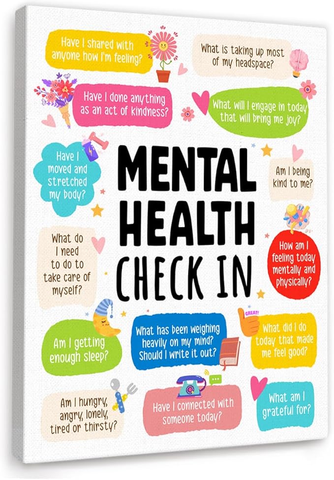 YEOION Mental Health Check In Wall Decor,Funny Mental Health Wall Art Canvas Frame Print for Therapy Office School Counselor Wall Decor