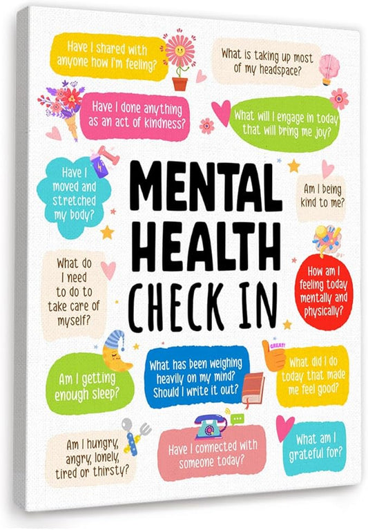 YEOION Mental Health Check In Wall Decor,Funny Mental Health Wall Art Canvas Frame Print for Therapy Office School Counselor Wall Decor