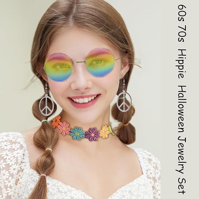 Hippie Costume Accessories for Women Peace Sign Earrings Necklace Flower Headband Sunglasses 60s 70s Accessories