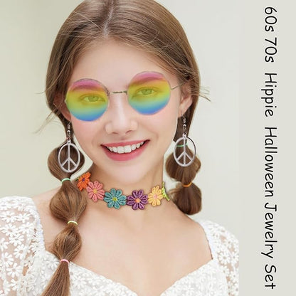 Hippie Costume Accessories for Women Peace Sign Earrings Necklace Flower Headband Sunglasses 60s 70s Accessories