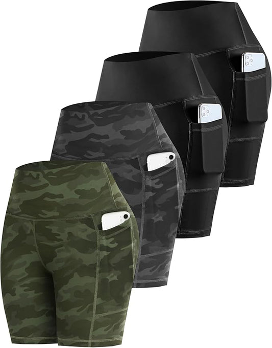 CHRLEISURE Womens Biker Yoga Shorts with Pockets: High Waisted Tummy Control Spandex Workout Athletic Gym Shorts 4 Packs