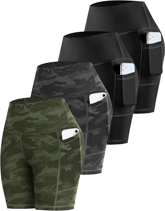 CHRLEISURE Womens Biker Yoga Shorts with Pockets: High Waisted Tummy Control Spandex Workout Athletic Gym Shorts 4 Packs