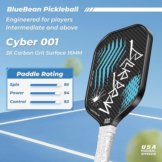 Pickleball Paddles,USAPA,Carbon Fiber Pickleball Paddle with 16MM Polymer Honeycomb Core Provides Lighter Weight&Higher Grit&Spin,Engineered for Professional Players,BlueBean