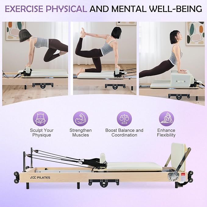 Pilates Reformer, Maple Wooden Foldable Pilates Reformer Machine with 6 Springs,Sitting Box, Padded Jump Board, 660lbs Capacity for Home Workouts Studio Yoga