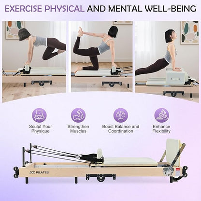 Pilates Reformer, Maple Wooden Foldable Pilates Reformer Machine with 6 Springs,Sitting Box, Padded Jump Board, 660lbs Capacity for Home Workouts Studio Yoga