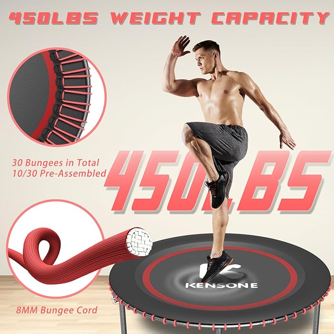 40/48" Low-Impact Rebounder Trampoline for Adults with Bungee, 450/550LBS Quiet Mini Exercise Trampoline with Adjustable U/T-Shaped Foam Handle Bar, Fitness Equipment for Indoor/Gym Workout