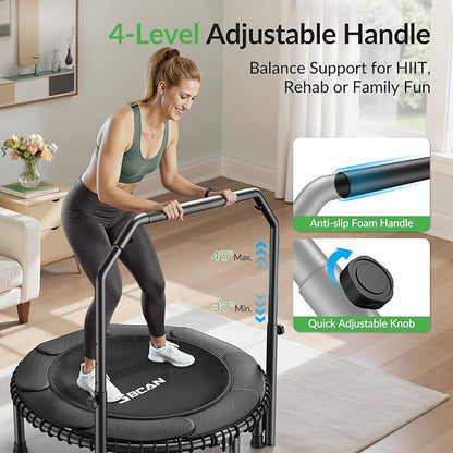 BCAN 40"/48" Mini Rebounder Trampoline for Adults with Bar, 450/550LBS Fitness Trampoline with Bungees, Adjustable Handle, Stable & Quiet, Indoor Outdoor, Whole-Body Workout & Relaxation at Home