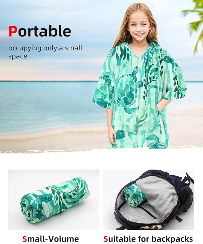 Abahub Surf Poncho Women & Men Towel Poncho Adult with Hood, Thick Quick Dry Changing Poncho Towel, Microfiber Wearable Cover Up for Surfing Beach Swim - Absorbent Changing Towel S (Green Turtle)