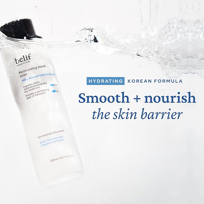 belif Moisturizing Bomb Hydrating Toner - Ceramide Milky Texture, Strengthens Skin Barrier, Soothing & Repair Serum Essence, Ultra-Hydrating 2-in-1 Toner & Moisturizer, Korean Skincare, 5.07 Fl Oz